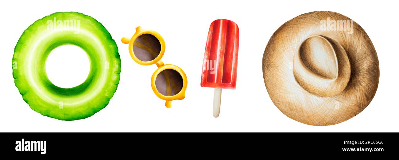Set di illustrazioni ad acquerello con cappello di paglia, gelato su bastone, cerchio per nuotare e occhiali da sole. Frutta tropicale isolata su sfondo bianco. Foto Stock
