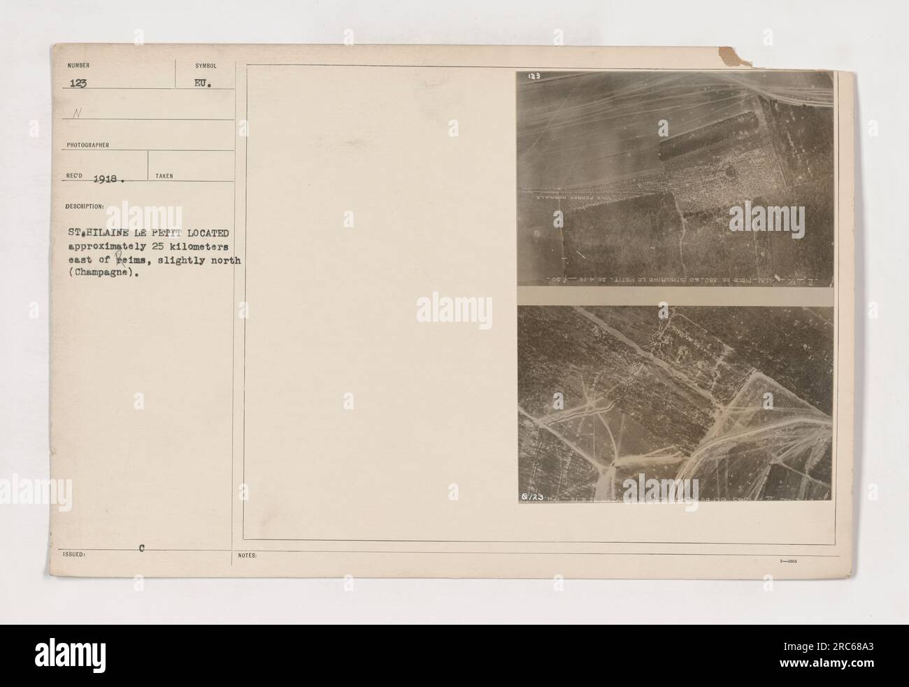 Questa fotografia mostra una vista della città di St. Hilaire le Petit, che si trova a circa 25 chilometri ad ovest di Reims e leggermente a nord dello Champagne. La foto è stata scattata nel 1918 dal fotografo EC e gli viene assegnato il numero di etichetta 123. È stata emessa con il simbolo BU e include note supplementari. Foto Stock