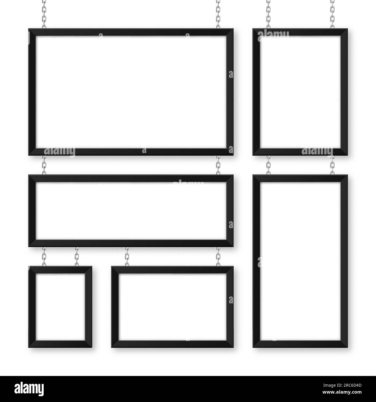 Cartelli neri appesi su una catena metallica. Menu del ristorante. Moderno poster mockup. Foto o cornice vuota. Pubblicità o presentazione Illustrazione Vettoriale