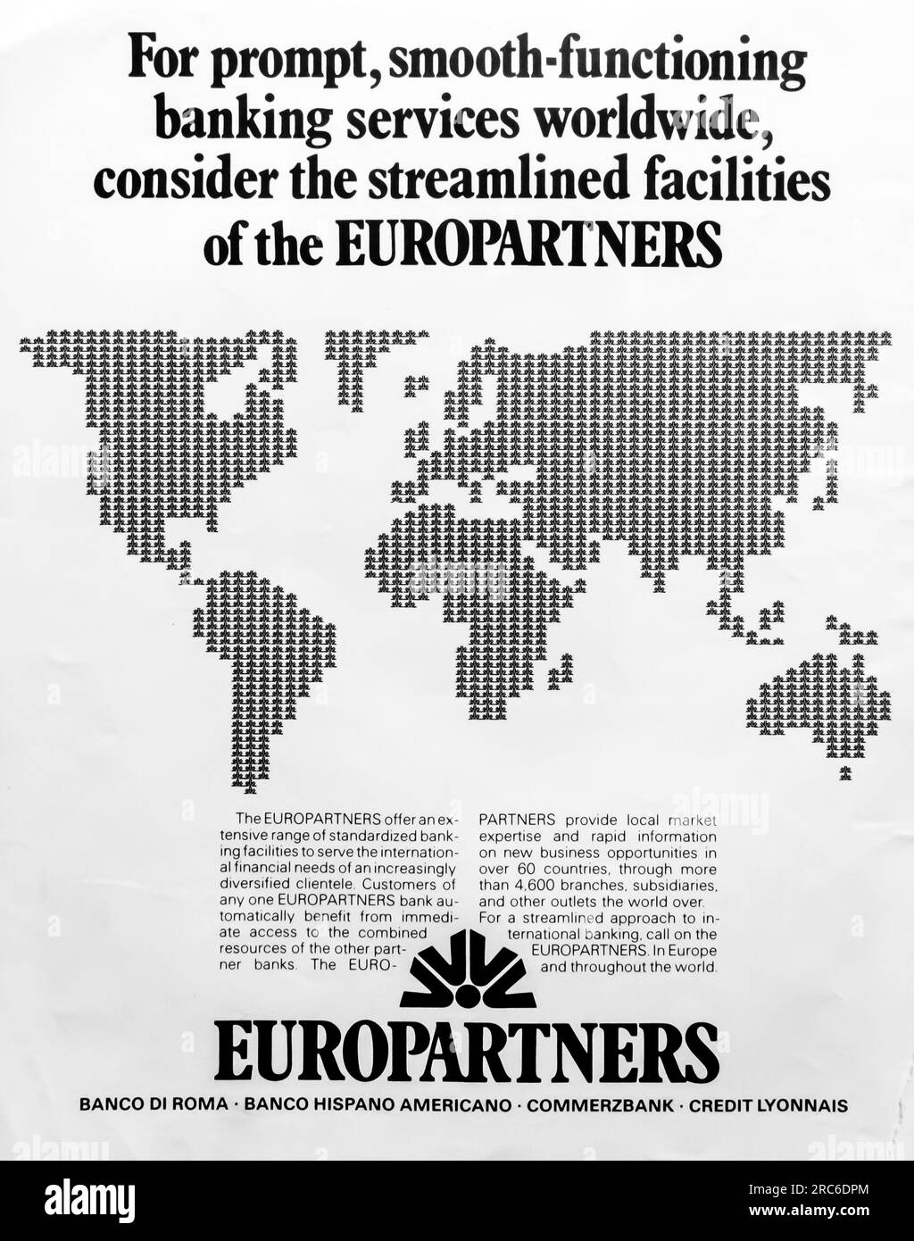 Pubblicità sulle strutture bancarie di Europartners in una rivista 1975 Foto Stock