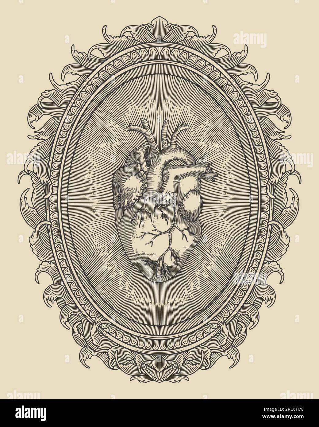 illustrazione vettoriale di un antico cuore umano con cornice incisa e ornamento Illustrazione Vettoriale