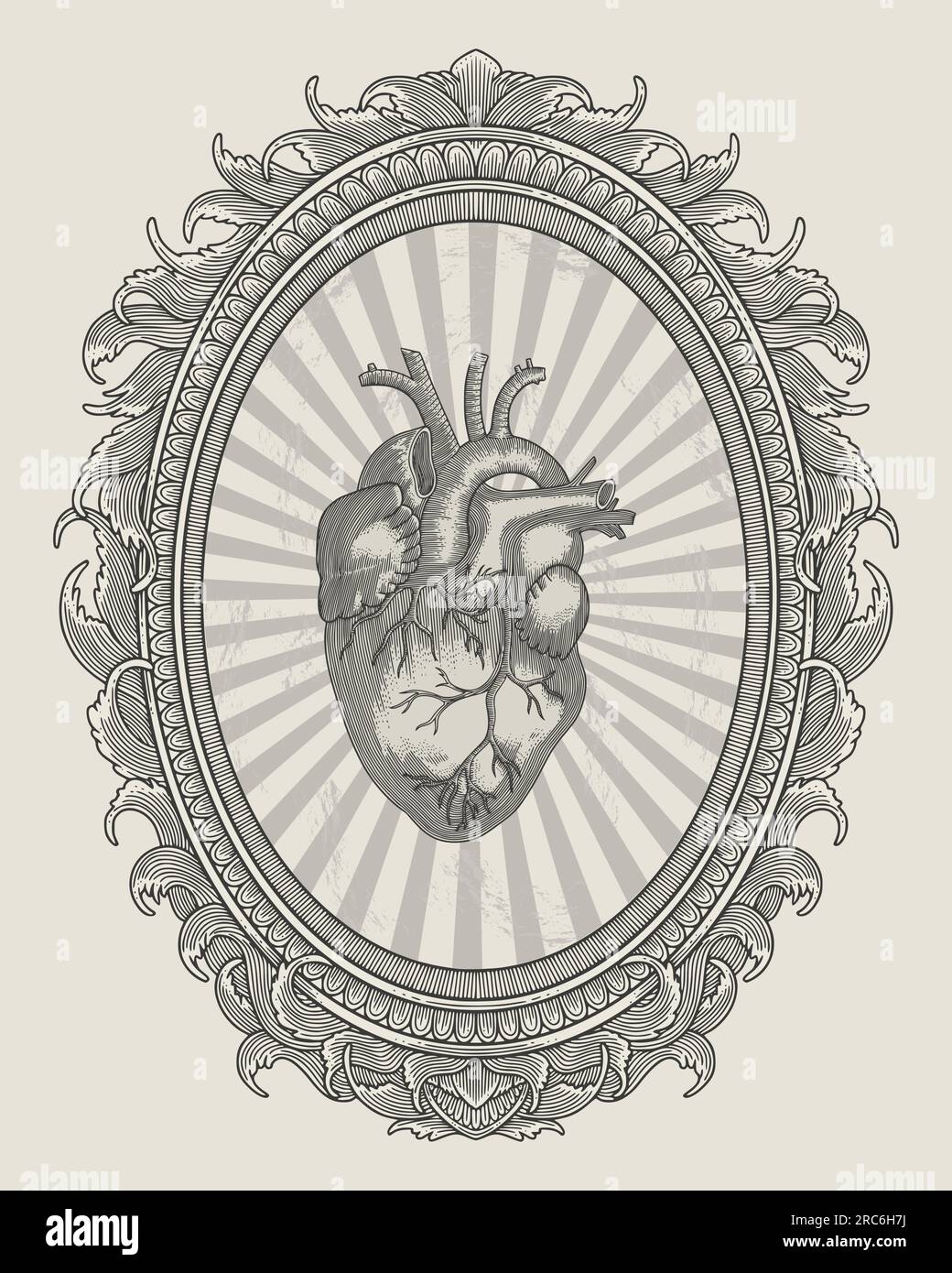 illustrazione vettoriale di un antico cuore umano con cornice incisa e ornamento Illustrazione Vettoriale
