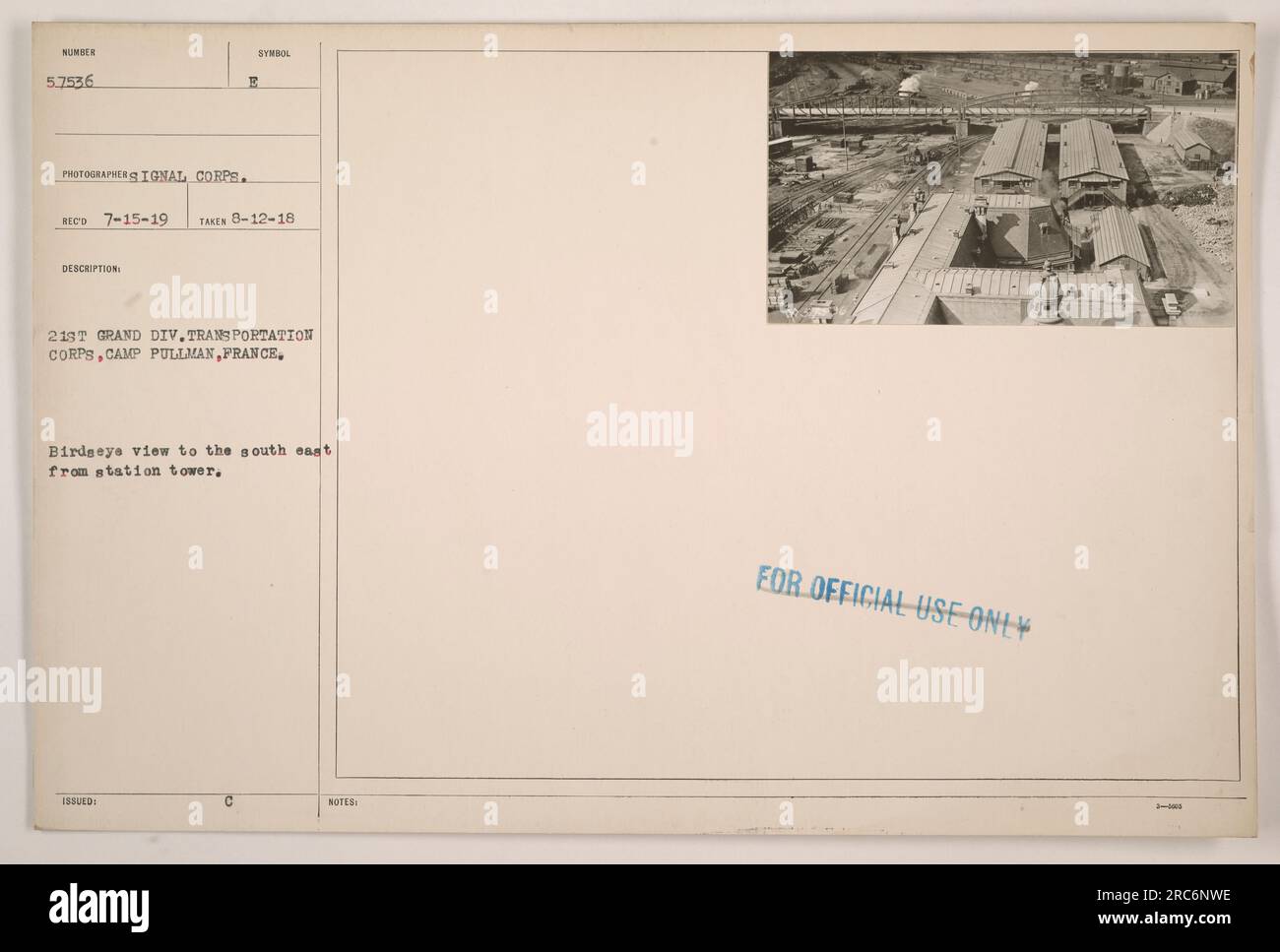 Vista BirdsEye del 21° Grand Div. Corpo dei trasporti a Camp Pullman, Francia. Scattata il 12 agosto 1918, come mostrato nella fotografia con numero di registrazione B 218T. La vista è dalla torre della stazione NUMERO 5,7536 verso sud-est. Questa fotografia è contrassegnata come "SOLO PER USO UFFICIALE". Foto Stock