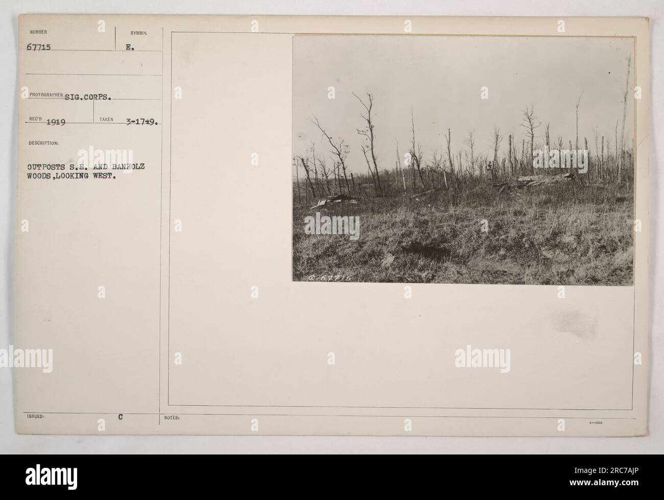 1749 - questa fotografia mostra una vista degli avamposti S.E. e Banholz Woods, guardando ad ovest. La foto è stata scattata nel 1919 dalla squadra di ricognizione Signal Corps, identificata dal numero 67715. L'immagine è stata catturata come parte della loro documentazione delle attività militari americane durante la prima guerra mondiale Foto Stock