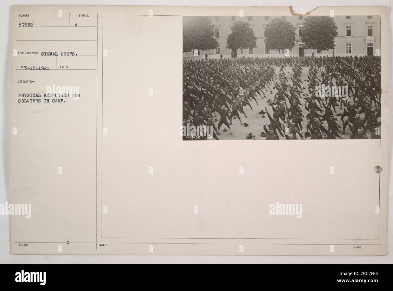 Soldati che partecipano a esercitazioni fisiche al campo durante la prima guerra mondiale. La fotografia, scattata dal Signal Corps, mostra un gruppo di soldati impegnati in esercitazioni, probabilmente come parte del loro addestramento militare. Questa immagine cattura l'importanza della forma fisica per i soldati durante la guerra. Foto Stock