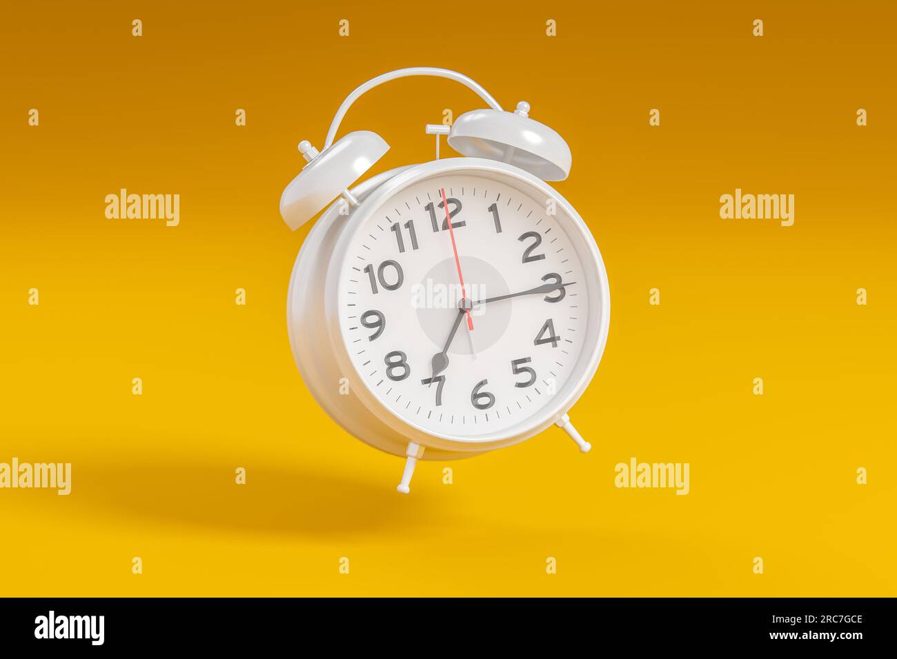 Sveglia vintage bianca su sfondo arancione brillante. non perdere i tempi di vendita. concetto di tempo, scadenza, tempo di lavoro, mattina. illustrazione 3d. Foto Stock