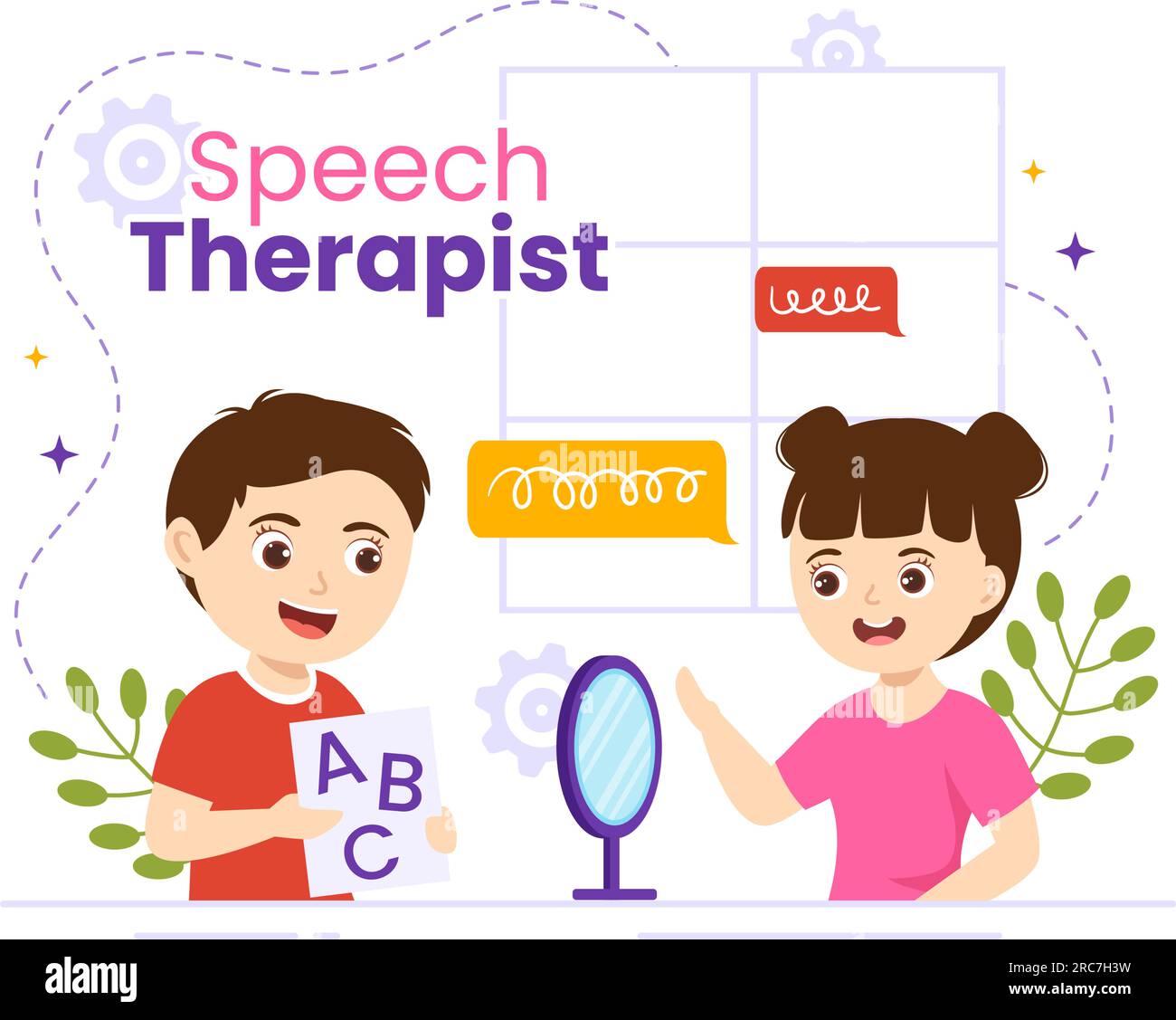 Illustrazione vettoriale del terapista vocale con formazione per bambini competenze linguistiche di base e problema di articolazione nei modelli disegnati a mano di un cartone animato piatto Illustrazione Vettoriale