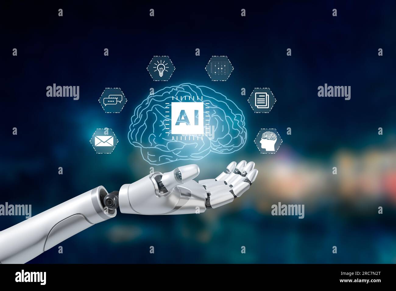Schermo virtuale del cervello a tocco di mano del robot che crea intelligenza artificiale ai in un rendering 3D con tecnologia digitale. Foto Stock