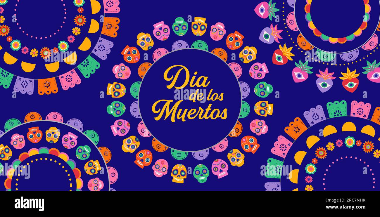 Dia de los Muertos, il giorno dei morti sfondo messicano astratto con cerchi di ghirlande, decorazioni di carta e fiori Illustrazione Vettoriale