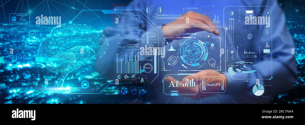 Un uomo con una camicia blu ha il controllo dello sviluppo del deep machine learning, dell'intelligenza artificiale, delle reti neurali, dei big data e della chat in tempo reale Foto Stock