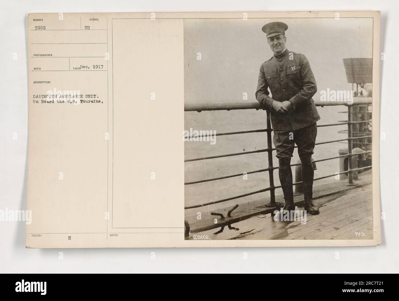 Personale dell'unità di ambulanza Dartmouth a bordo della S.S.. Touraine durante la prima guerra mondiale. La foto cattura i membri dell'unità numero 3002. La fotografia è stata ricevuta attraverso il 188° sindacato dell'ingegnere degli Stati Uniti. Presa nel dicembre 1917. Foto Stock