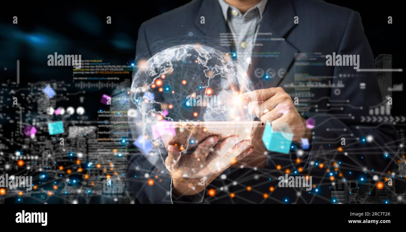 Tecnologia digitale comunicazione cyber rete globale. Business Big data e concetto di marketing WEB 3,0.Hand touch internet globo. Foto Stock