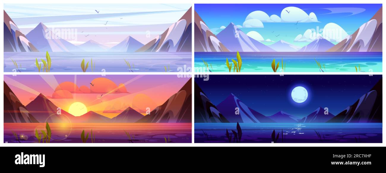 Paesaggio montano con vista lago. Cartoni animati vettoriali che illustrano una splendida scena naturale con la catena montuosa delle Alpi rocciose sotto la luce della luna, wat blu trasparente Illustrazione Vettoriale