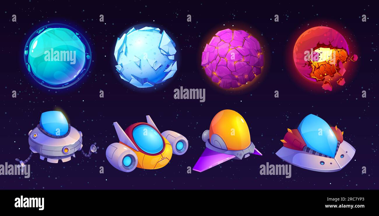Set di cartoni animati di UFO alieni e pianeti isolati sullo sfondo del cielo stellato notturno. Illustrazione vettoriale di oggetti spaziali, asteroidi distrutti, stelle fantasy, Illustrazione Vettoriale