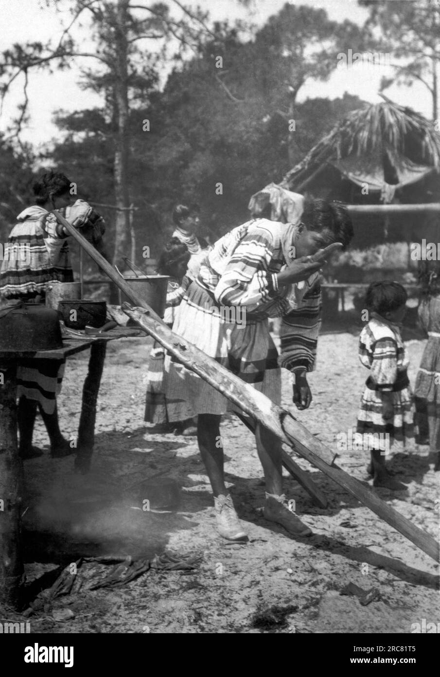 Everglades, Florida: c. 1928 Un nativo americano Seminole che abbronza una pelle di animale stesa su una tavola. Foto Stock