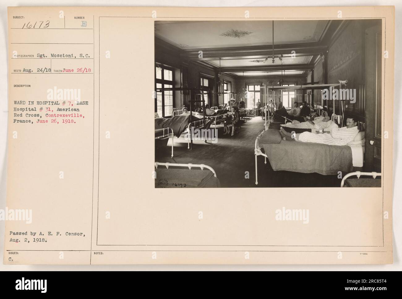 Soldati americani in cura presso l'ospedale #7, base Hospital #31, Croce Rossa americana a Contrexeville, Francia. La foto è stata scattata il 26 giugno 1918 da Sgt. Moscioni, S.C. Fu emesso il 24 agosto 1918 e passato da A.E.F. Censor il 2 agosto 1918. L'immagine viene etichettata come 16173 nella serie. Foto Stock