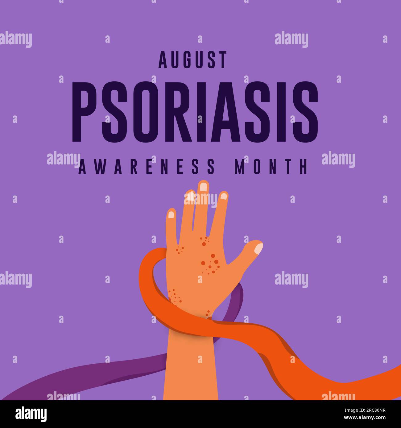 Concetto del mese di sensibilizzazione sulla psoriasi. I nastri di colore arancione e viola sono isolati su sfondo viola. Progettazione di banner Web per poster. Illustrazione Vettoriale