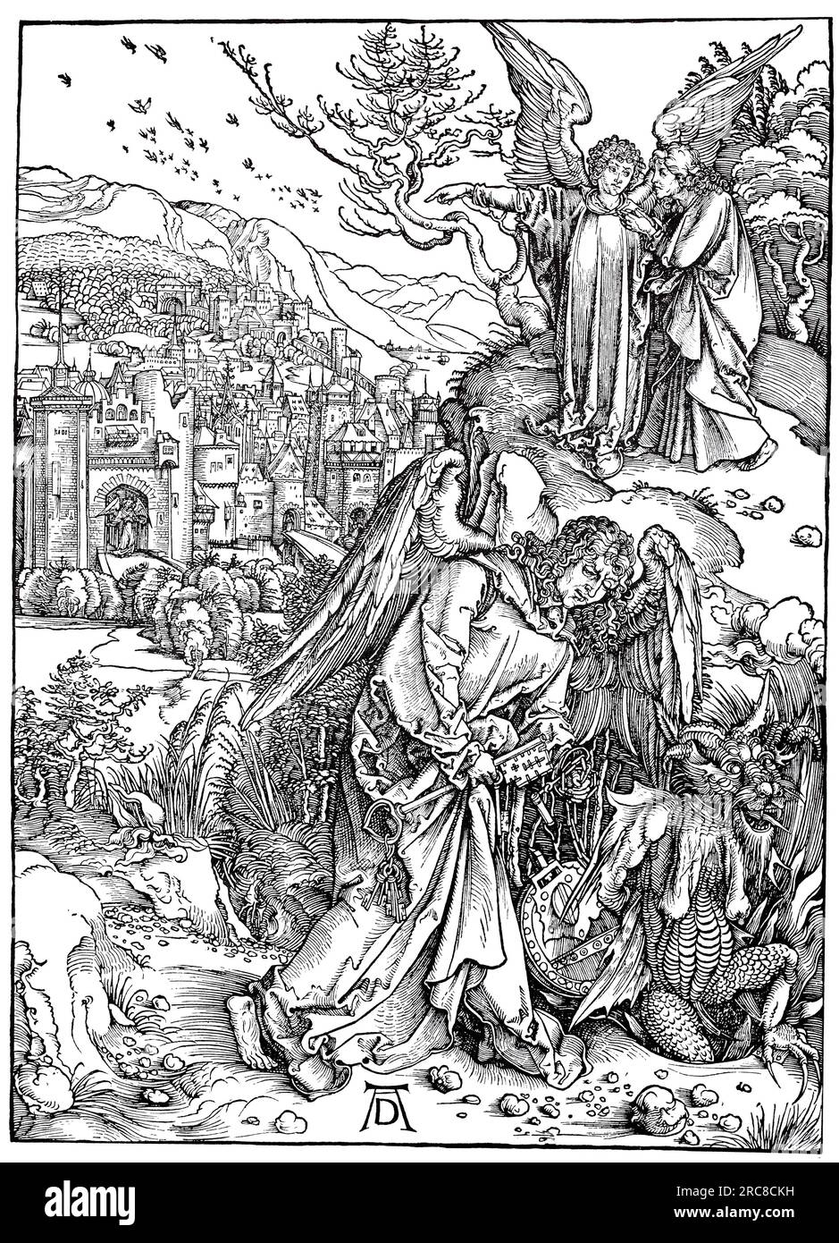 L'Apocalisse, l'angelo con la chiave, getta il drago nell'abisso e un altro angelo mostra St. Giovanni la nuova Gerusalemme, tagliato da Albrecht Dürer, storica, digitale, riproduzionemigliorata di un vecchio taglio di legno Foto Stock