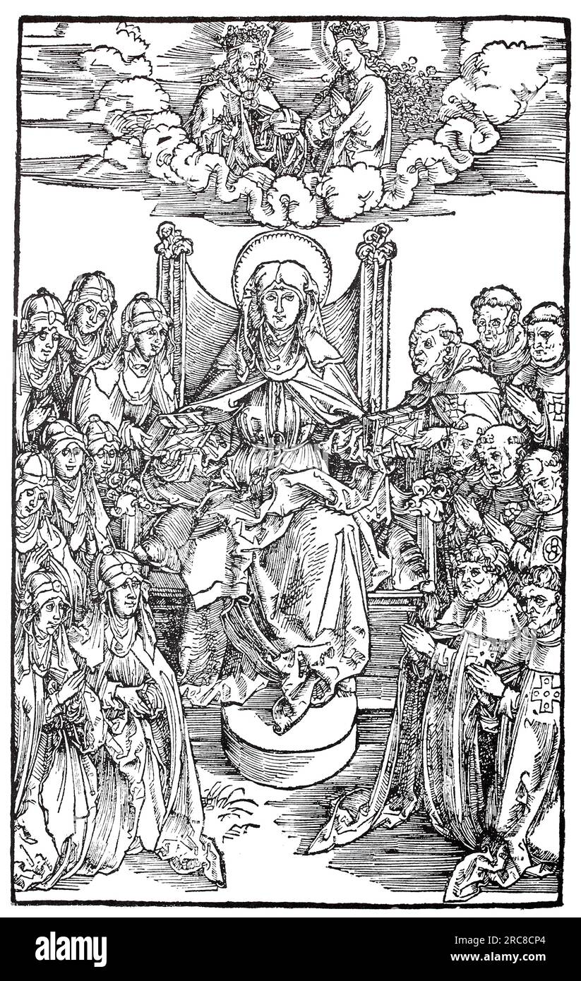 Illustrazioni alle rivelazioni di Saint Bridget, St. Bridget divide il suo lavoro tra monache e monaci, tagliato in legno da Albrecht Dürer, storica, riproduzione digitale migliorata di un vecchio taglio di legno Foto Stock