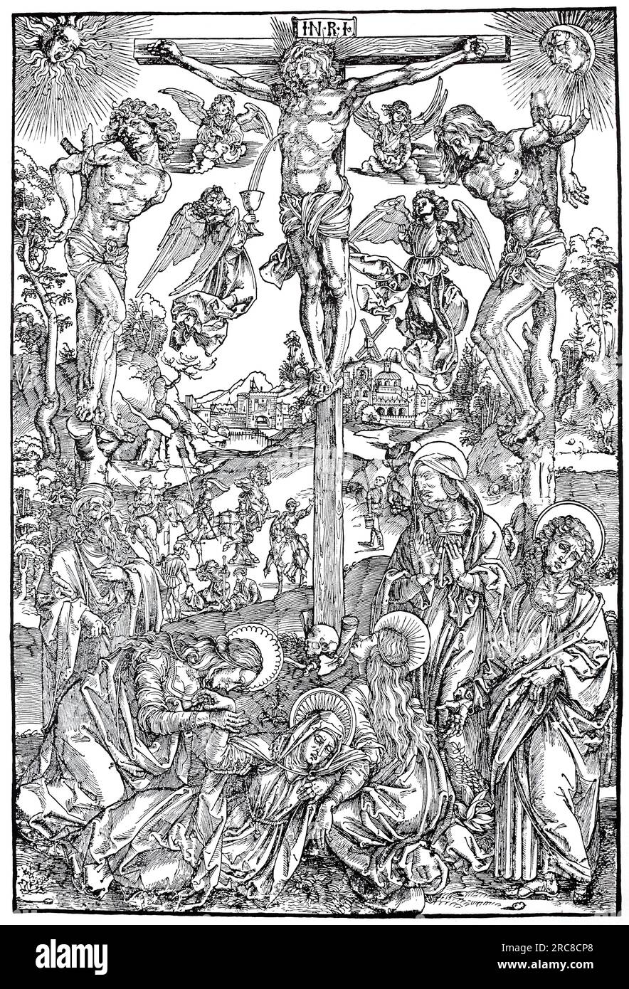 La cruzifissione, tagliata in legno da Albrecht Dürer, storica, digitale, riproduce una vecchia legna Foto Stock