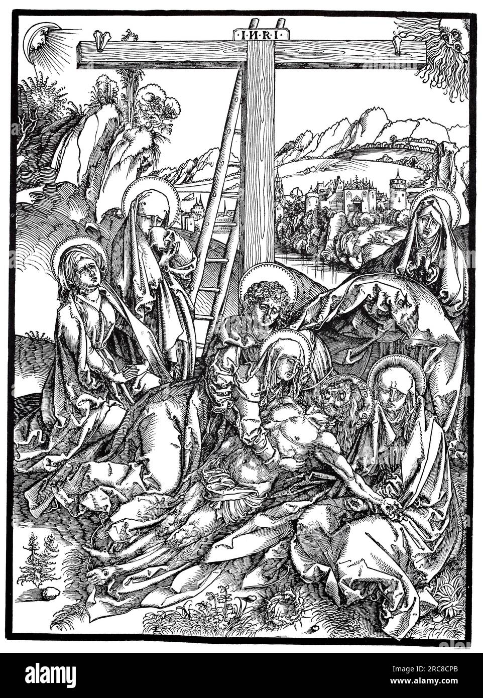 Lamentation for Christ, Woodcut di Albrecht Dürer, storica, digitale, riproduzione migliorata di un vecchio taglio di legno Foto Stock