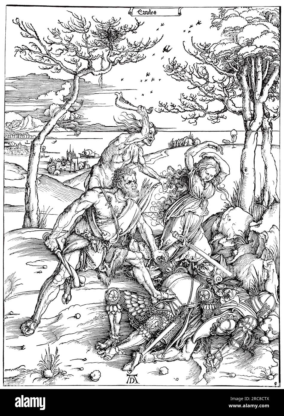 Hercules, tagliato in legno da Albrecht Dürer, riproduzione storica, digitale migliorata di un vecchio taglio di legno Foto Stock