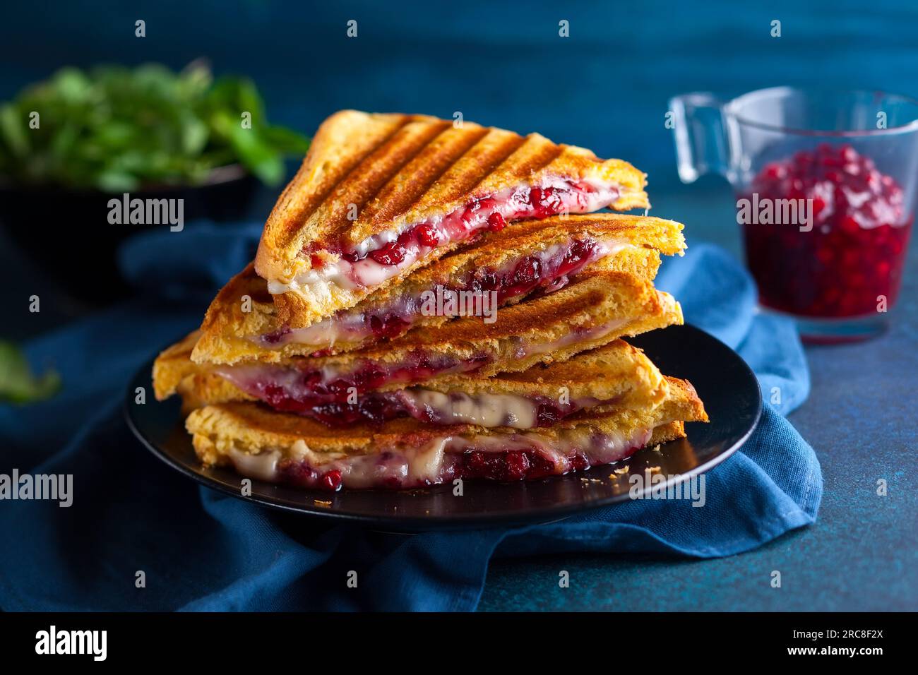 Panini grigliati con formaggio, prosciutto e chutney di mirtilli su piatto. Ottima idea per il pranzo di Natale. Foto Stock