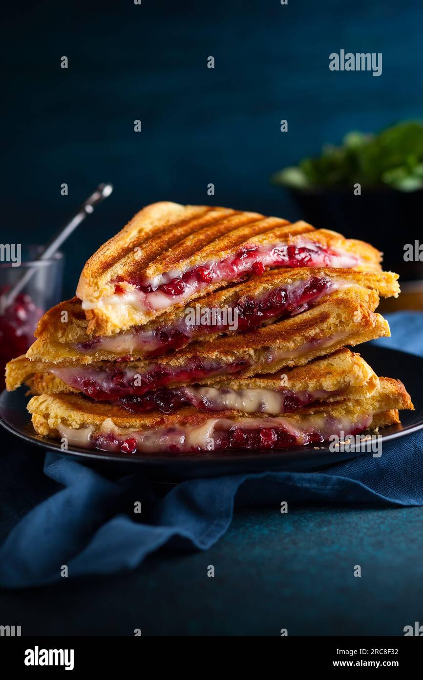 Panini grigliati con formaggio, prosciutto e chutney di mirtilli su piatto. Ottima idea per il pranzo di Natale. Foto Stock