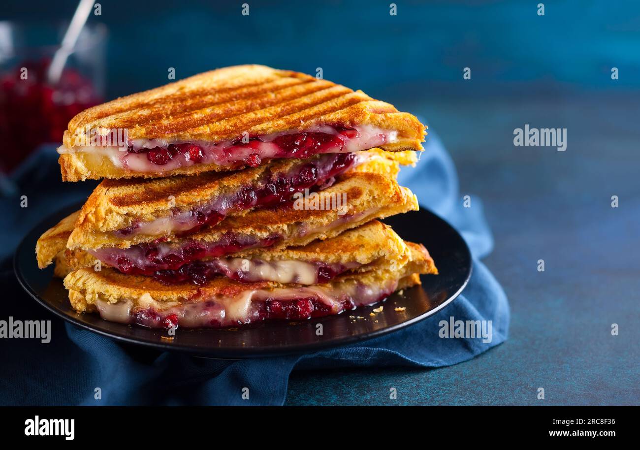 Panini grigliati con formaggio, prosciutto e chutney di mirtilli su piatto. Ottima idea per il pranzo di Natale. Foto Stock