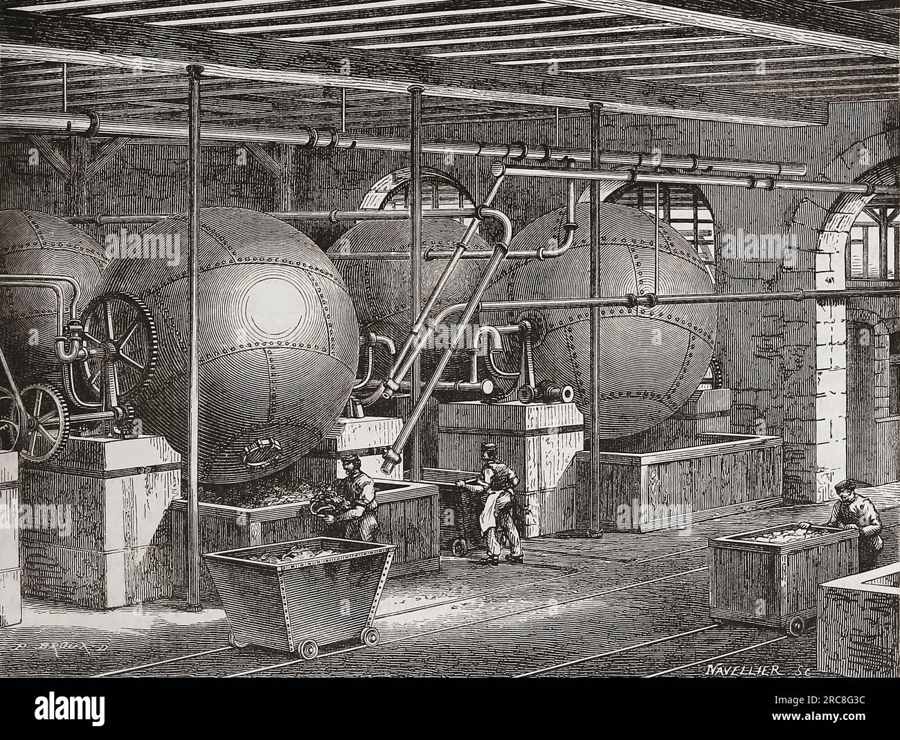 caldaie rotative cilindriche del xix secolo che trattano stracci per carta da straccio. Dopo un'illustrazione in Les merveilles de l'industrie, di Louis Figuier, pubblicata nel 1877. Foto Stock