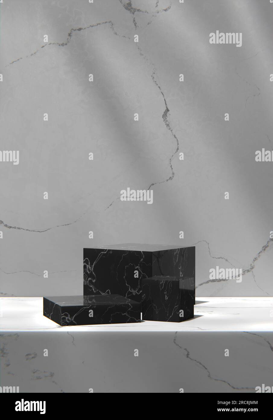 Parete in marmo grigio e podio in una stanza soleggiata. Rappresentazione 3D. Foto Stock