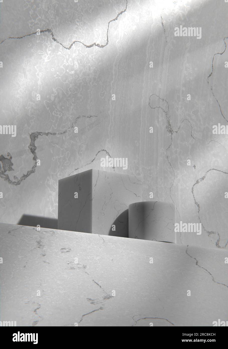 Parete in marmo grigio e podio in una stanza soleggiata. Rappresentazione 3D. Foto Stock
