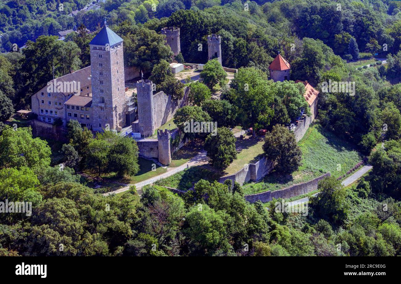 Luftaufnahme der Starkenburg a Heppenheim an der Bergstraße, UNESCO-Global-Geopark Bergstraße-Odenwald, Assia, Odenwald, Süddeutschland, Deutschland Foto Stock