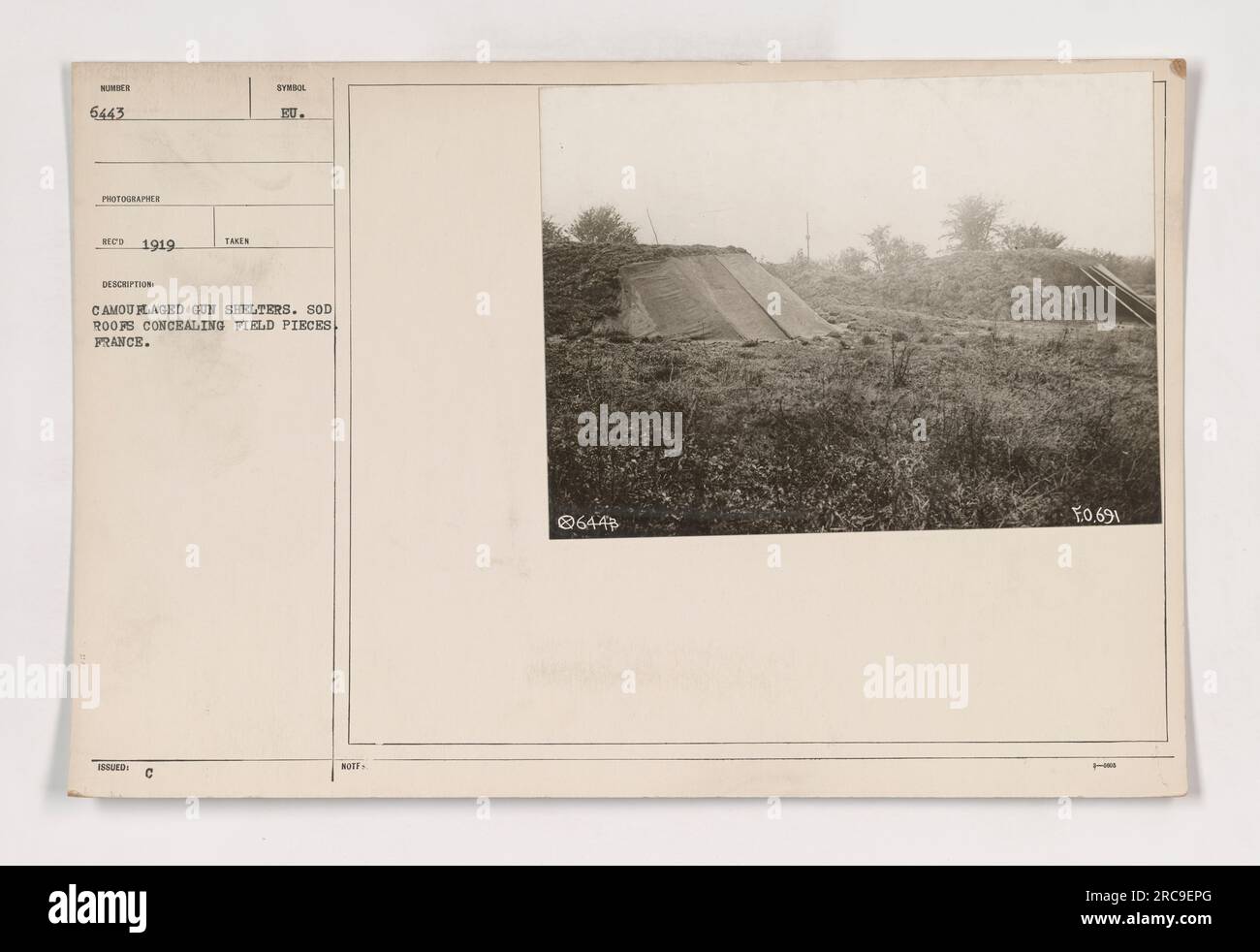 Rifugi mimetici per armi in Francia durante la prima guerra mondiale. I rifugi sono dotati di tetti di sabbia per nascondere i pezzi del campo. Questa foto, numerata 6443 e scattata dal fotografo EC nel 1919, mostra gli sforzi compiuti per nascondere l'artiglieria dalla vista nemica. Foto Stock
