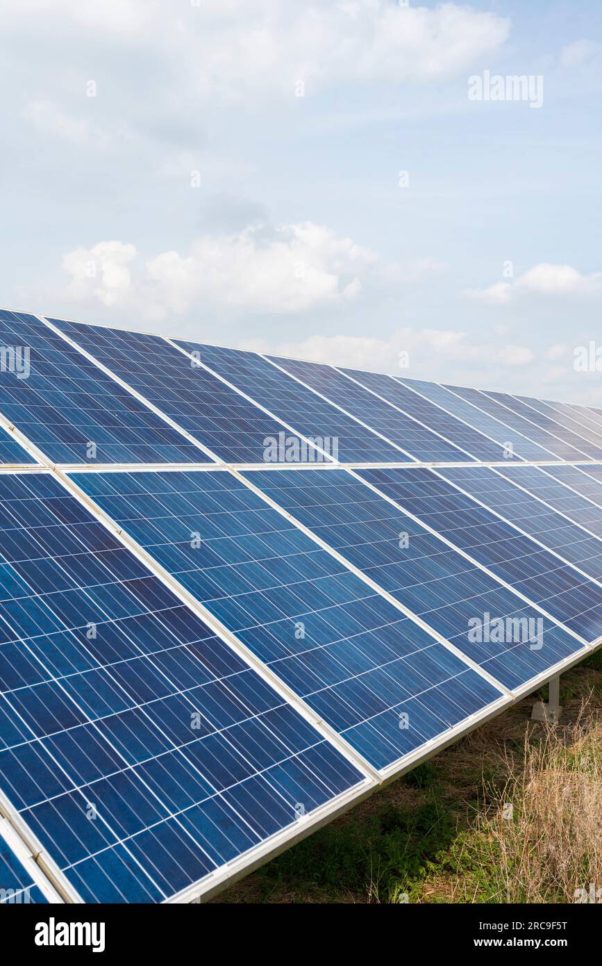 Una banca di grandi pannelli solari come parte di una fattoria solare su terreni agricoli nel Gloucestershire, in Inghilterra Foto Stock