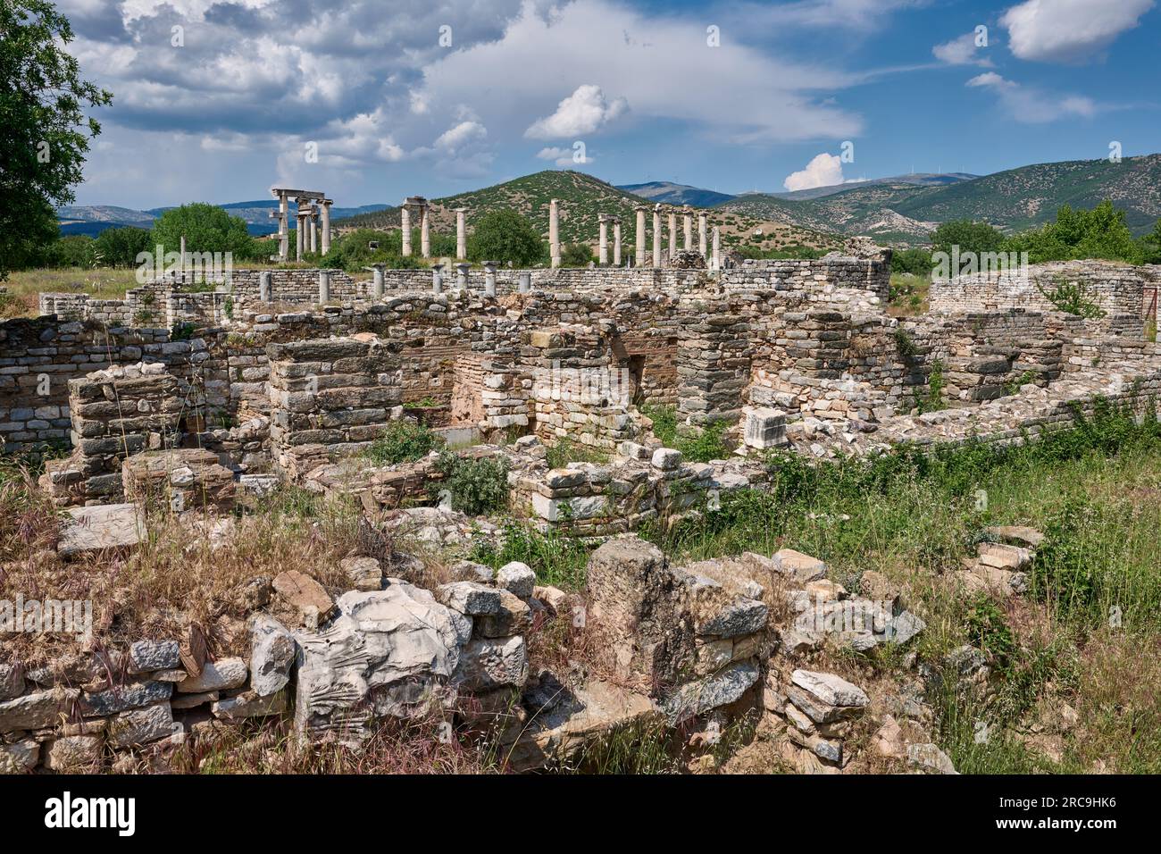 Bischofspalast vor Tempel der Afrodite in Aphrodisias Antica Città, Denizli, Tuerkei |Palazzo vescovile di fronte al Tempio di Afrodite in Afrodisi Foto Stock