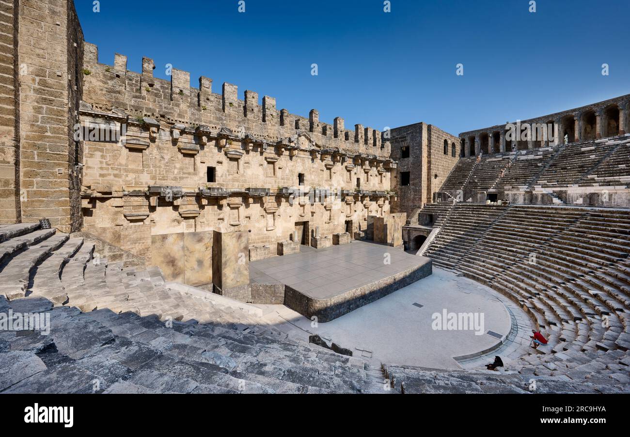 DAS antike roemische Theater von Aspendos, Aspendos Ancient City, Antalya, Tuerkei |l'antico teatro romano di Aspendos, Aspendos Ancient City, A Foto Stock