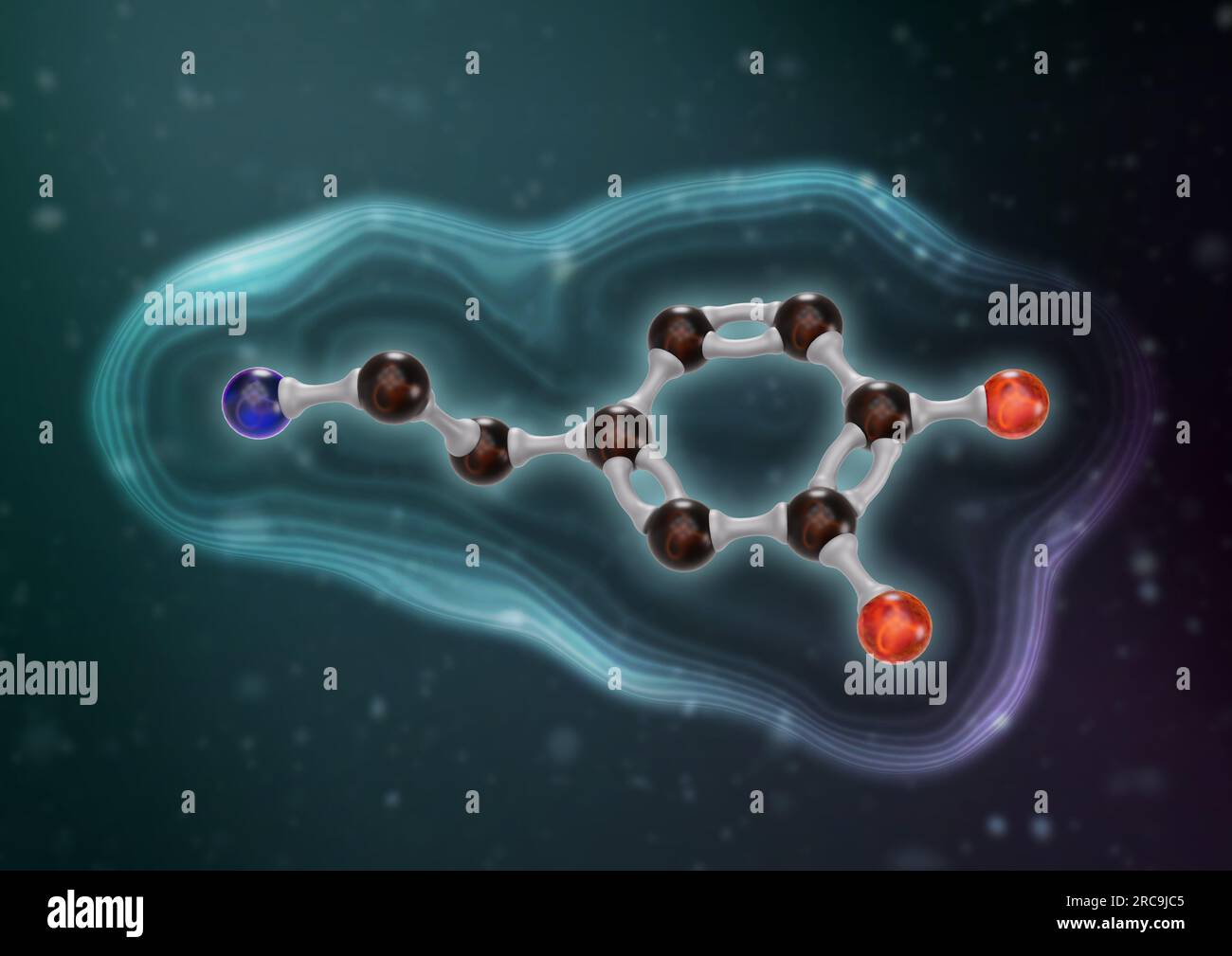 Illustrazione von Dopamin in einer 3D Darstellung als Kugel-stab-Modell mit angedeutetem Oberflächenmodell auf türkisen Hintergrund. Dopamin ist ein ho Foto Stock