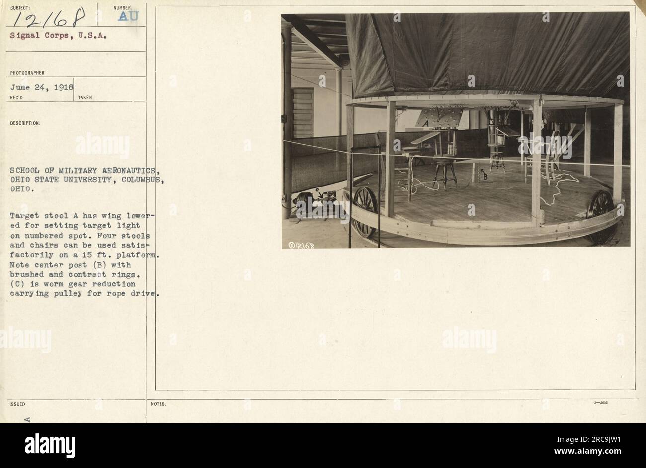 Soldati alla School of Military Aeronautics dell'Ohio State University di Columbus, Ohio, che hanno installato un bersaglio in un punto numerato. A tale scopo, l'ala dello sgabello target A è stata abbassata. La configurazione consente l'uso di quattro sgabelli e sedie su un'altezza di 15 piedi. piattaforma. Il montante centrale (B) è dotato di anelli spazzolati e contraccolti, mentre (C) è una puleggia di trasporto riduttore a vite per il comando della fune. Numero immagine: 111-SC-12168. Foto Stock