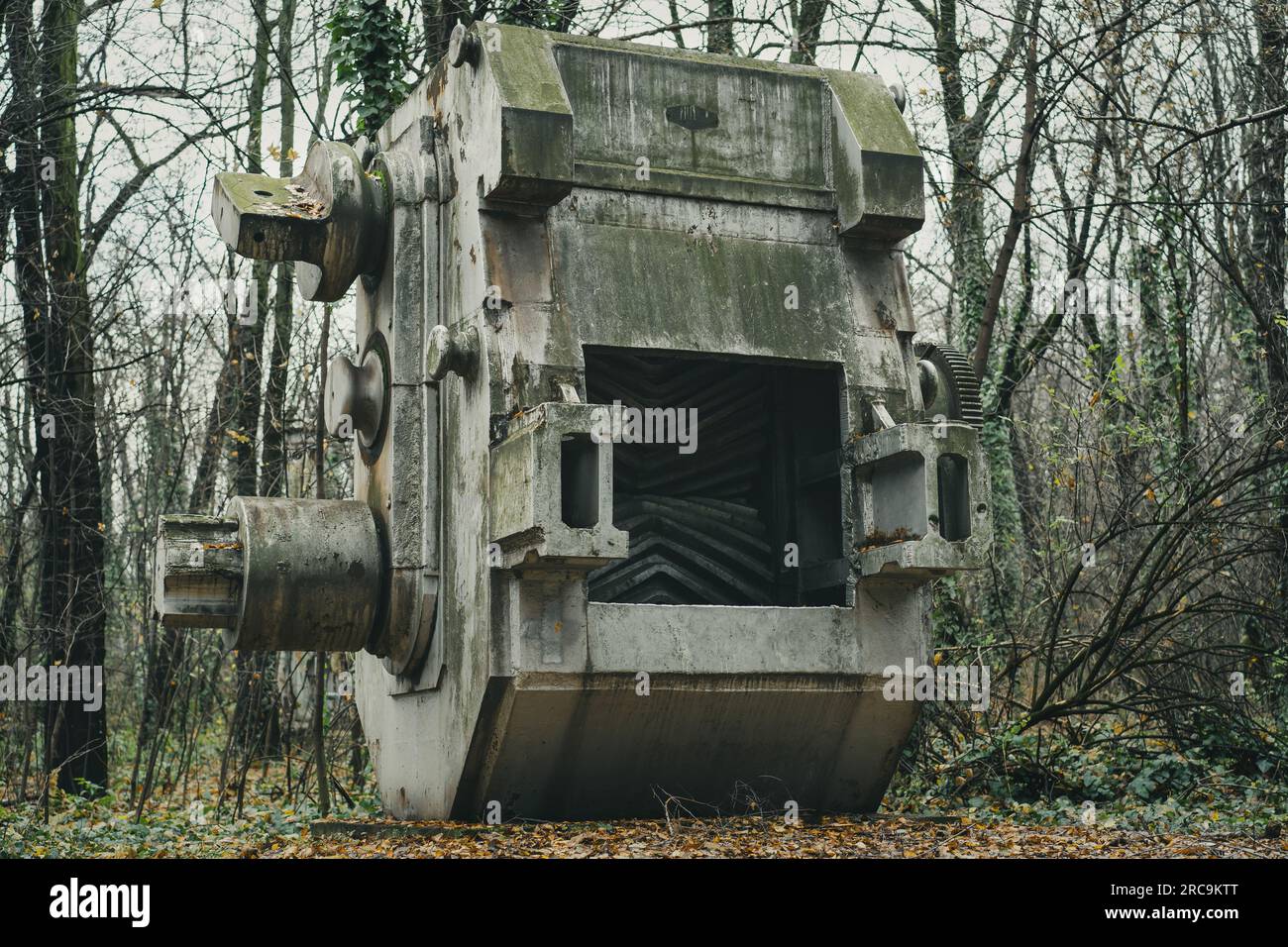 Vecchia rettificatrice per minerali nella foresta. Macchine abbandonate di storia industriale. Produzione di ferro e acciaio. Foto Stock
