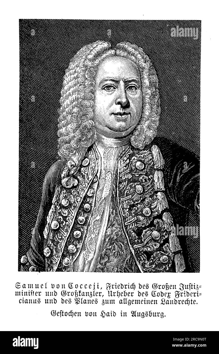 Ritratto di Samuel von Cocceji, nato il 17 marzo 1679, fu un notevole giurista prussiano e statista durante il XVIII secolo. Ha ricoperto varie posizioni influenti all'interno del governo prussiano e ha dato contributi significativi alle riforme legali e amministrative. Cocceji fu presidente della Corte suprema prussiana (Kammergericht) e giocò un ruolo cruciale nella modernizzazione e nel miglioramento del sistema giudiziario. Ha sostenuto la codificazione e la standardizzazione delle leggi, con l'obiettivo di creare un quadro giuridico più uniforme ed equo. Le riforme di Cocceji si sono concentrate sul rafforzamento della certezza del diritto, fep Foto Stock