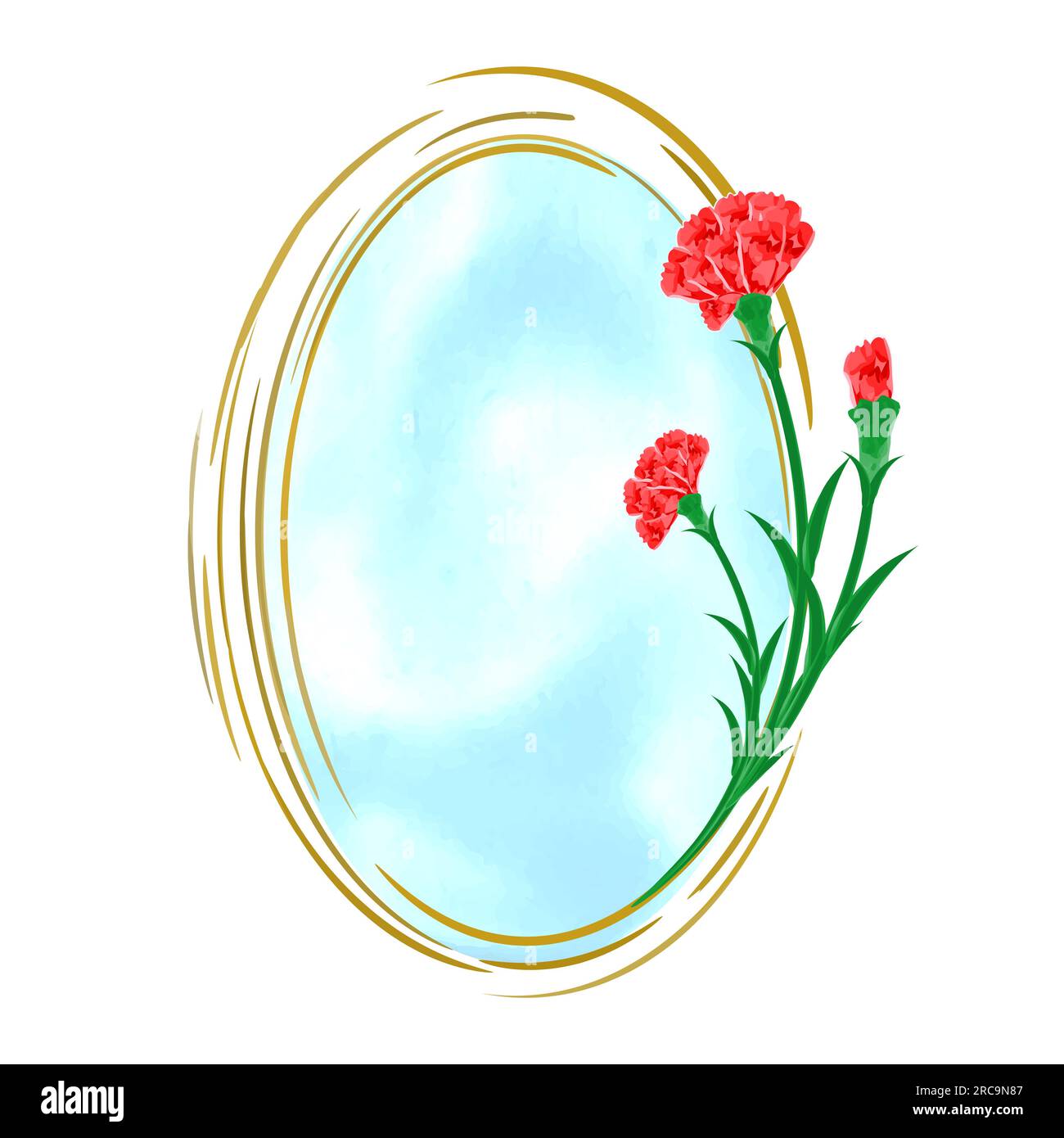 I garofani rossi coprono una cornice dorata di sfondo blu cielo illustrazione ad acquerello per la Festa della Mamma, il giorno della Vittoria e i biglietti di auguri. Copia spazio. Vettore Illustrazione Vettoriale