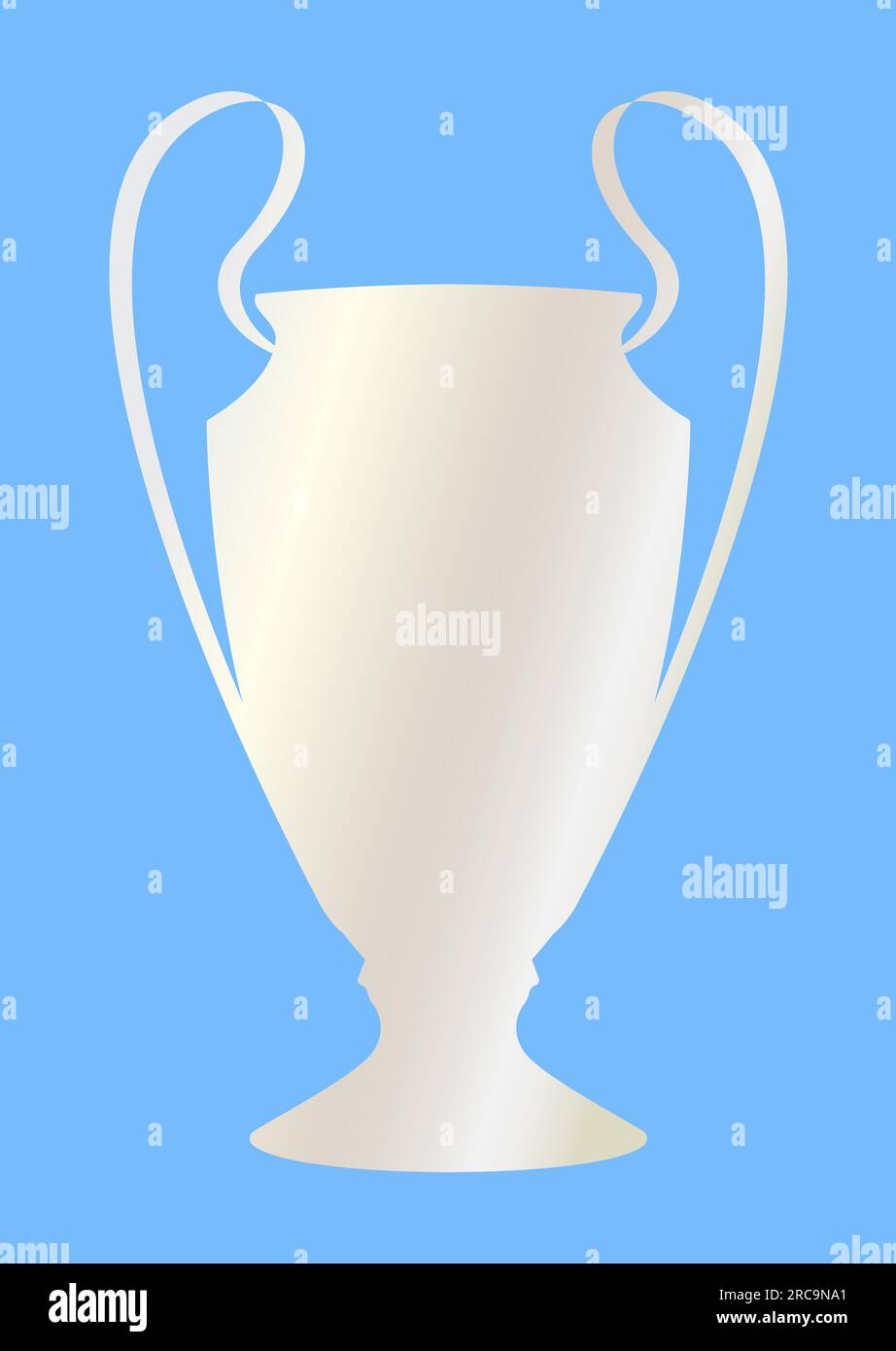 Champions League Cup Football. Trofeo di calcio. Illustrazione vettoriale isolata su sfondo blu Illustrazione Vettoriale