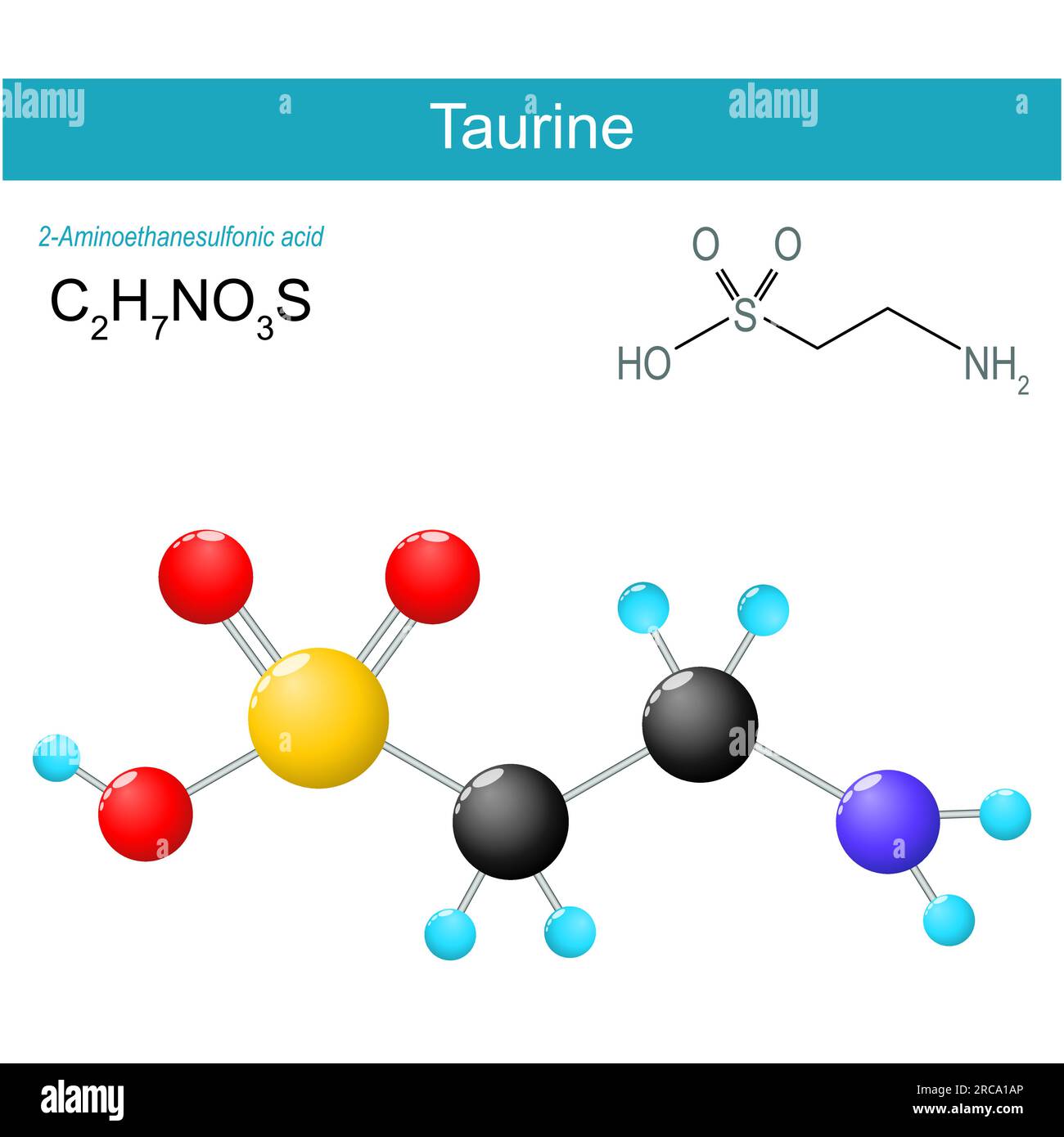 Molecola di taurina. formula strutturale chimica molecolare e modello di acido amminosolfonico non proteinogeno. Illustrazione vettoriale Illustrazione Vettoriale