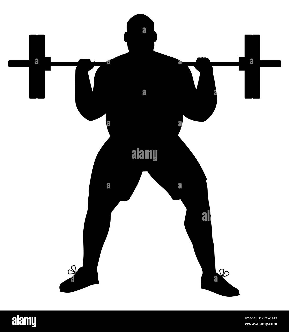Silhouette nera di un uomo che si allena con un peso isolato su sfondo bianco. Uomo muscoloso con allenamento al campanello in palestra. Sport, con sollevamento pesi Illustrazione Vettoriale