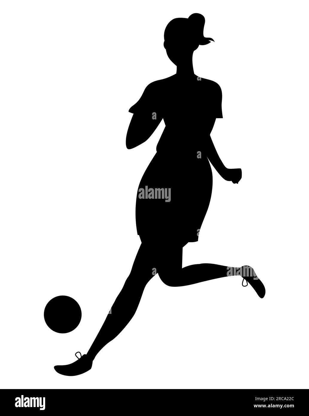 Silhouette nera di una femmina che calza e gioca a calcio, sport femminili, illustrazione vettoriale isolata su sfondo bianco Illustrazione Vettoriale