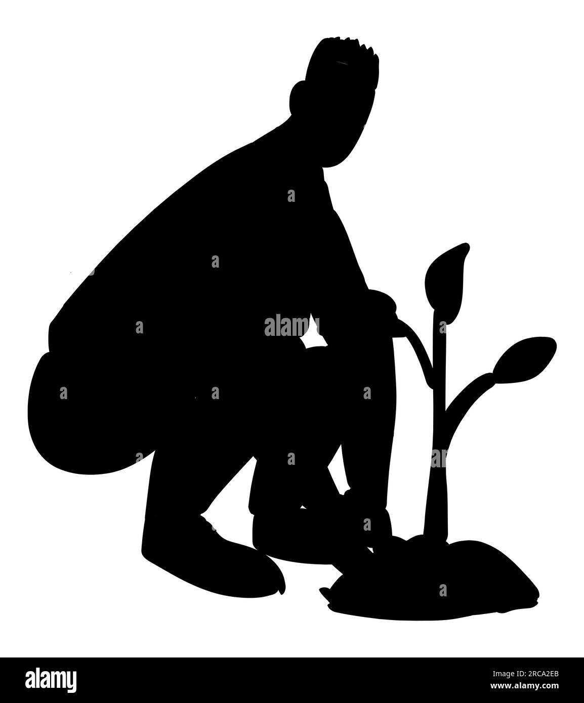 Silhouette nera di un volontario maschile che pianta un albero sul terreno, natura salva carattere maschile, vettore isolato su sfondo bianco, cura dell'ambiente Illustrazione Vettoriale