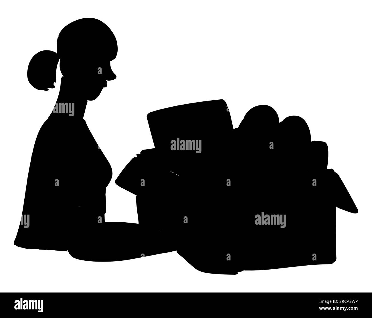 La silhouette nera di una donna che porta una scatola, la spesa di una mamma, una donna che acquista frutta e verdura da un negozio, un vettore di cartoni animati isolato su W. Illustrazione Vettoriale