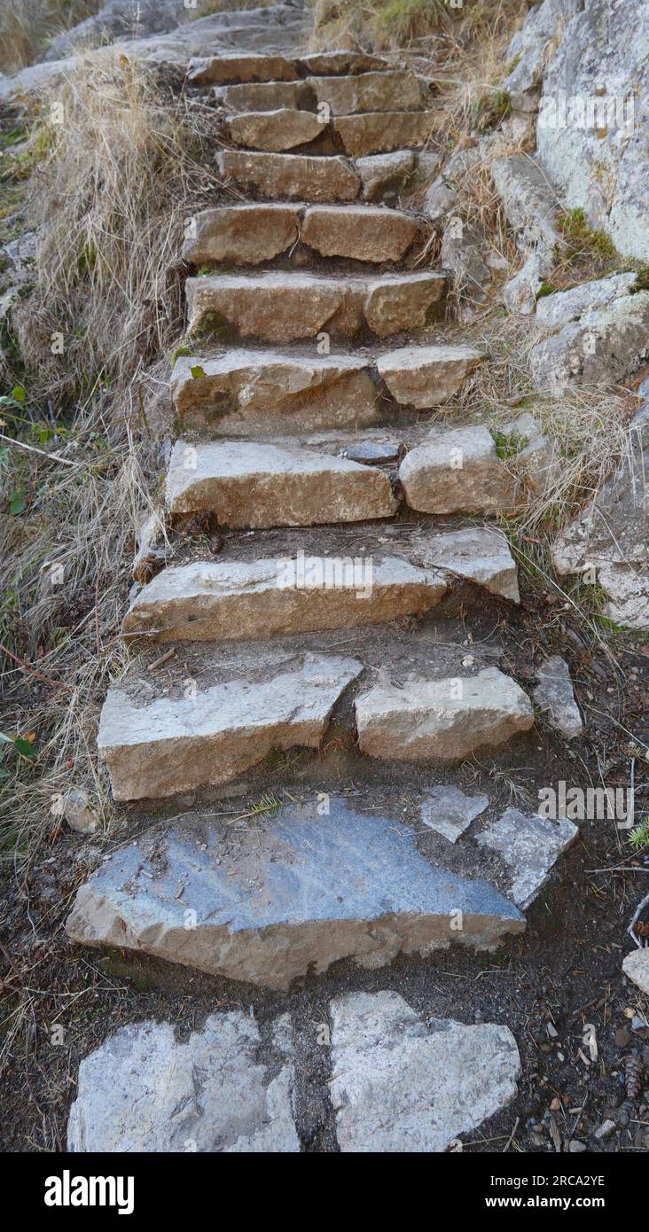 Scalini rocciosi che conducono su una collina a Whytecliff Park, West Vancouver, British Columbia, Canada Foto Stock