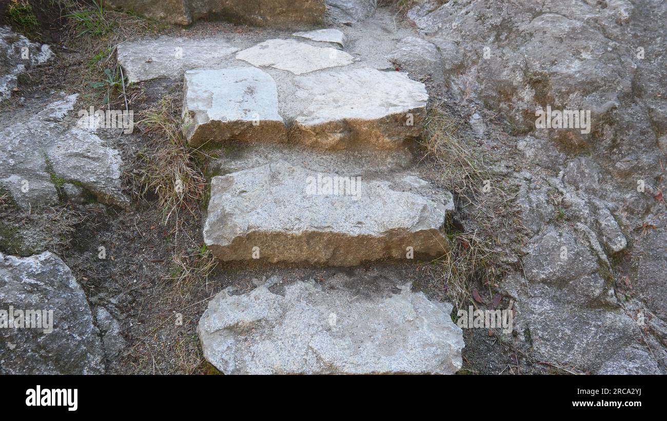 Scalini rocciosi che conducono su una collina a Whytecliff Park, West Vancouver, British Columbia, Canada Foto Stock